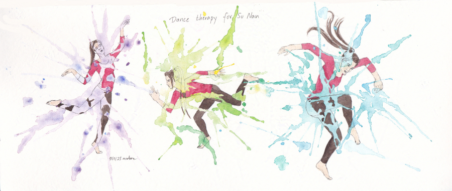 three poses of a woman dancing, surrounded by colour splashes, caption: dance therapy for Su Nan